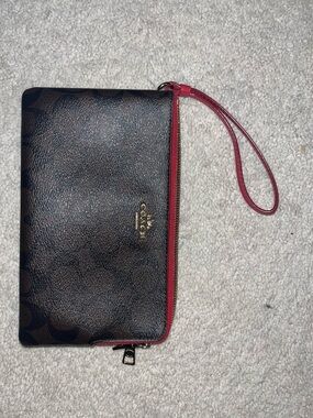 Coach Brown Signature Wristlet with Red Trim
